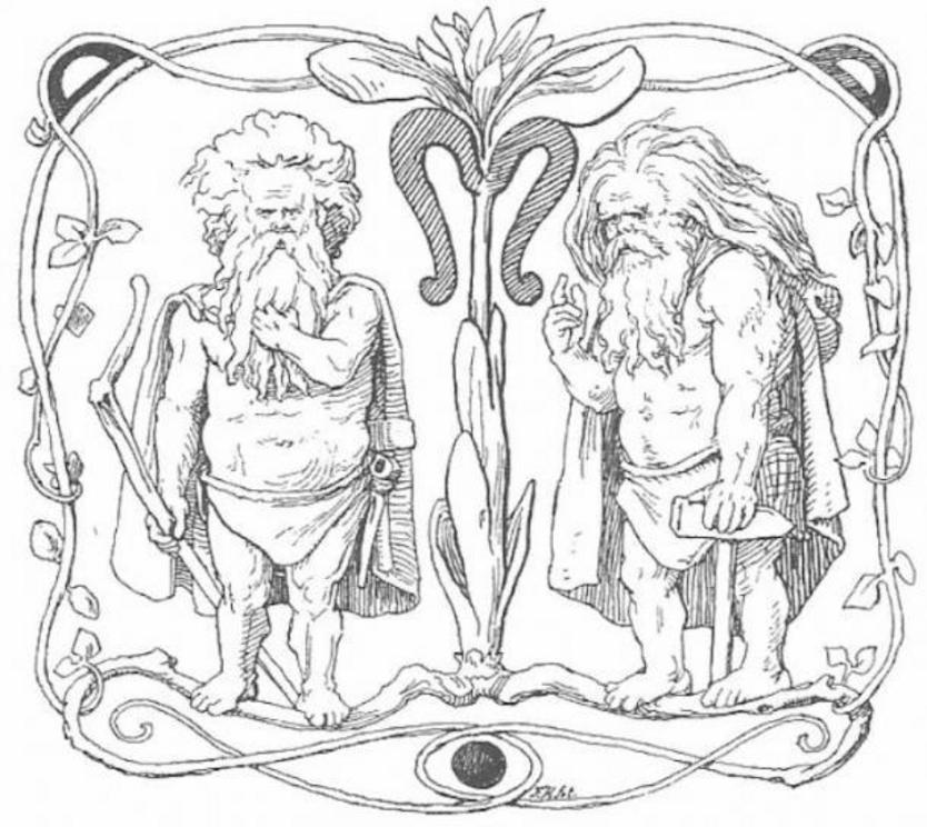 Two dwarves as depicted in a 19th-century edition of the Poetic Edda poem Völuspá (1895) by Lorenz Frølich