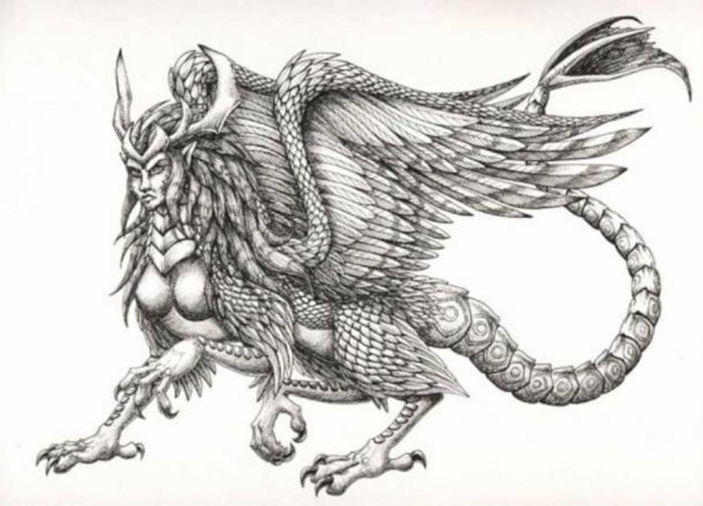 The female Piasa bird, is one of the mythical creatures of Native American mythology.