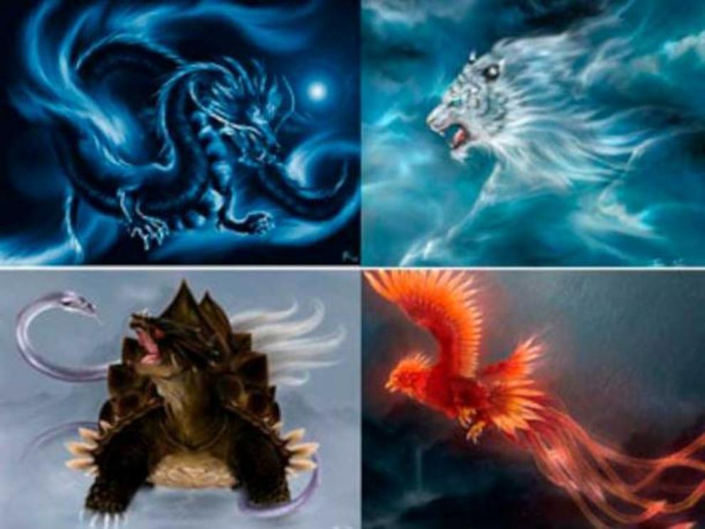 The four mythical creatures of China; the Azure Dragon of the East, the White Tiger of the West, the Black Tortoise of the North, and the Vermillion Bird of the South.