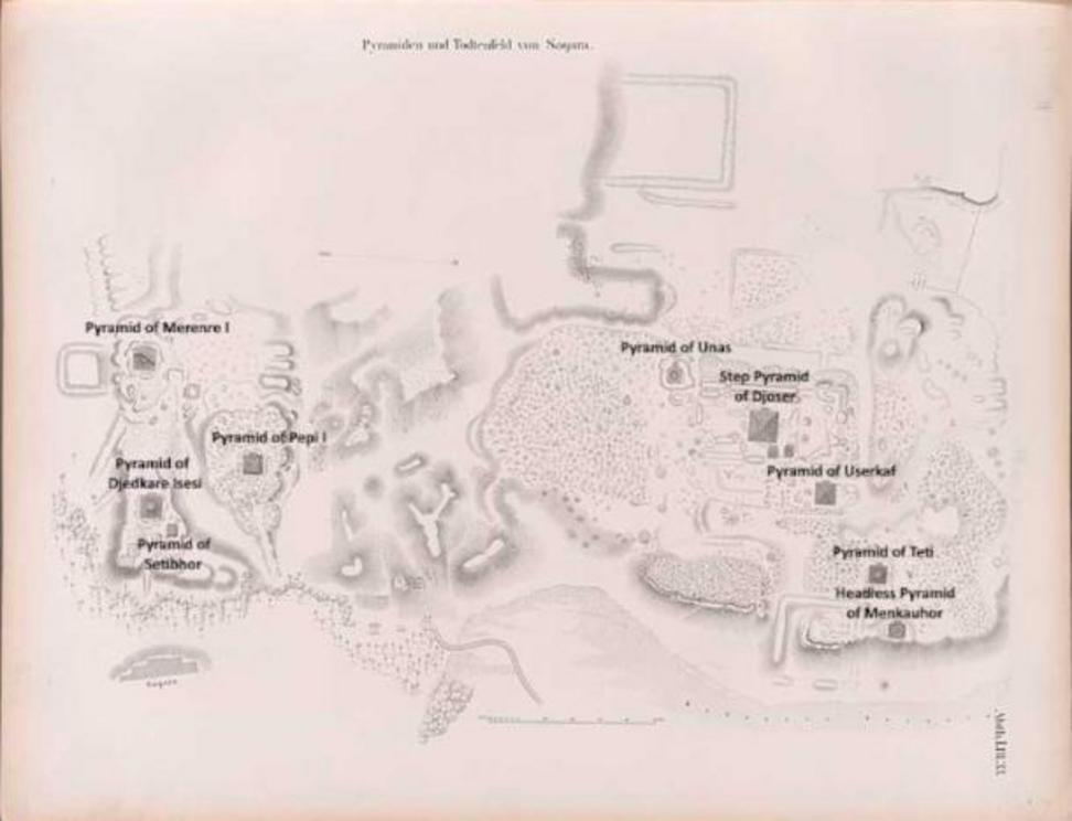 A map of the Saqqara necropolis from 1849 demonstrates its impressive size and numerous monuments