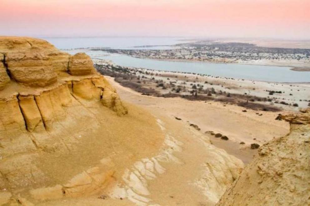 A wide view of the desert and lake at Faiyum Oasis