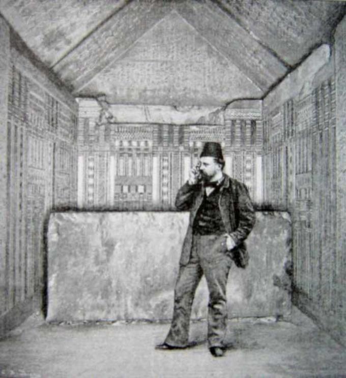 Maspero in the burial chamber of Unas' pyramid, which has lines of protective spells on the west gable, which are the only inscriptions on the walls surrounding the sarcophagus