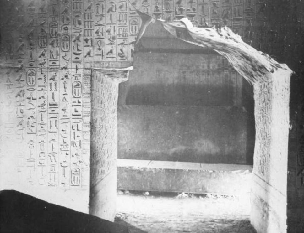 Photo from the 1900 discovery of the Pyramid of Unas (2360 BC) and its intricately carved pyramid texts