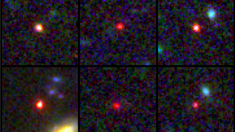 Images of six newly discovered massive galaxies that date back to 600 million years of the Big Bang.