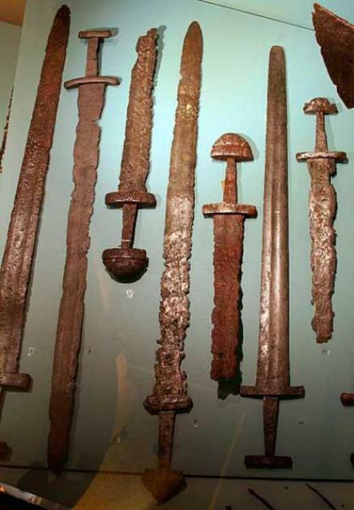 Seven Viking Age swords on display in Bergen Museum Arild Nybo from Forde Norway.