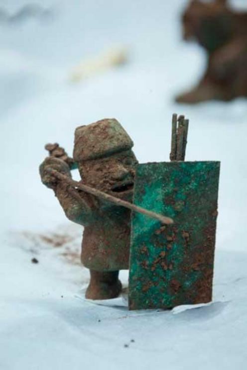 A Wari warrior bearing a spear and shield, found at Pikillaqta Archaeological Park, near Cusco.