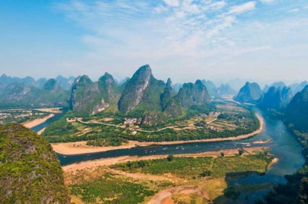 The beautiful landscape of Reed Flute Cave Area. The Li River connects Guilin and Yangshuo County nearby.