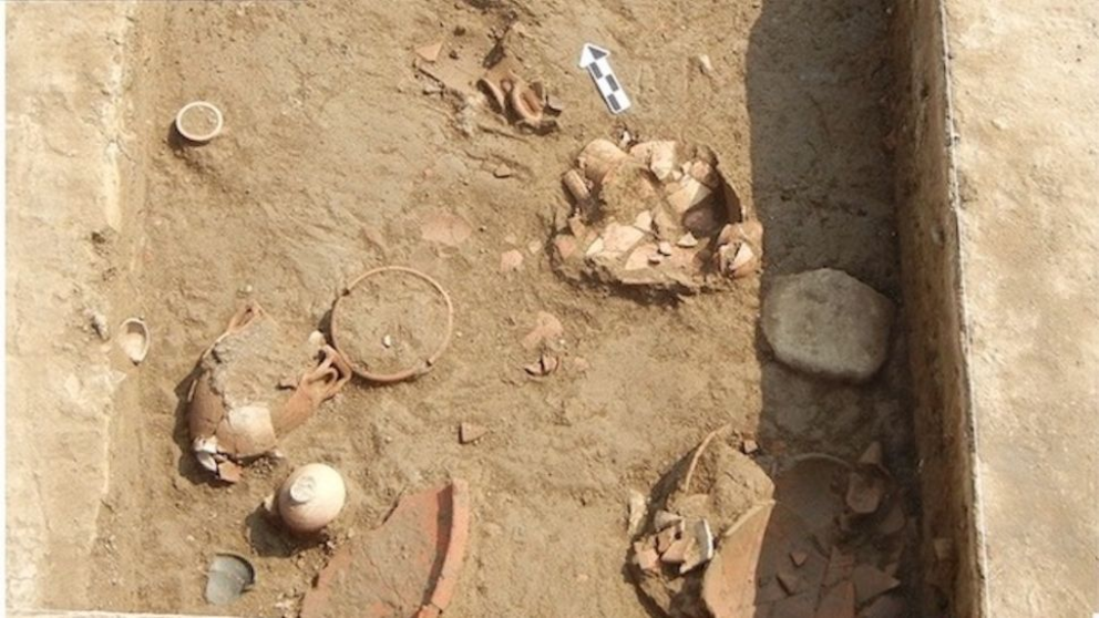 A bird's-eye view of the Tell Timai excavation site littered with pottery shards and other artifacts.