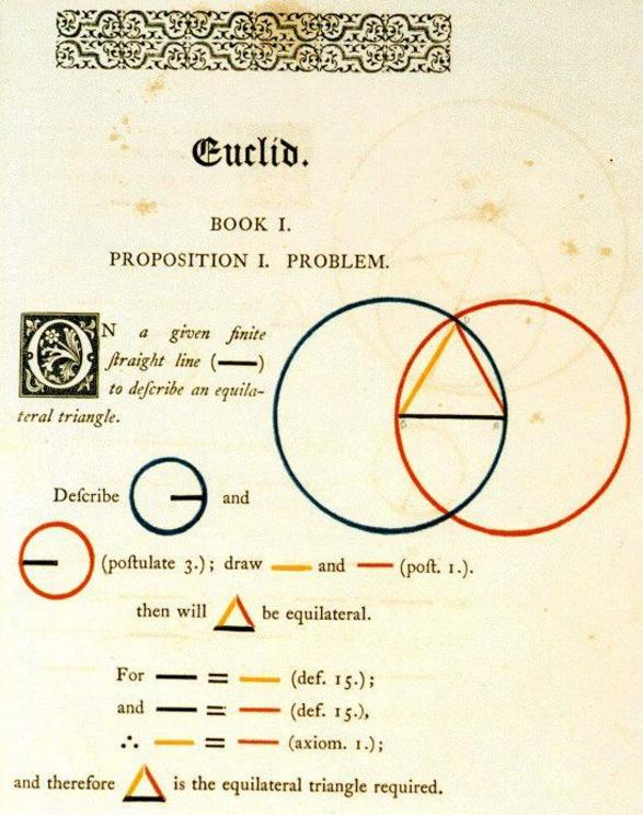 A mid 19th century illustration of Euclid’s first proposition by Oliver Byrne.