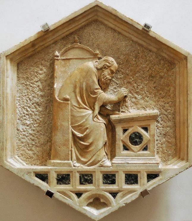 (A 14th century hexagonal panel of Euclid by Nino Pisano.  As the “father of geometry”, Euclid is representing Architecture in a sculptural series of the Liberal Arts.  He is depicted using a drawing compass at a workbench.