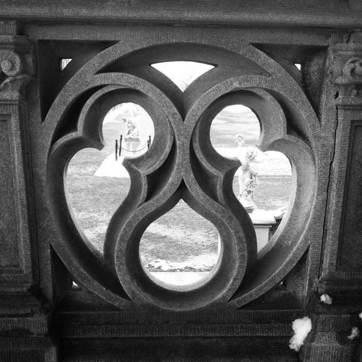 A railing at the Biltmore estate in Asheville, North Carolina with a Fischblase [German, “fish bladder”] motif.  This shape is better known in English as a mouchette [French, “snuffer”] when curved or souflette [French, “bellows”] when straight. 