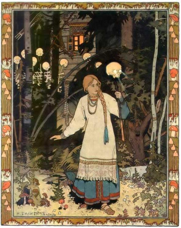 The heroine Vasilisa outside of the hut of Baba Yaga as depicted by Ivan Bilibin (1902).