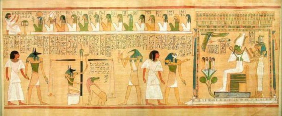 In the three scenes from the Book of the Dead, the dead man (Hunefer) is taken into the judgment hall by the jackal-headed Anubis. The next scene is the weighing of his heart, with Ammut awaiting the result and Thoth recording. Papyrus from 1275 BC