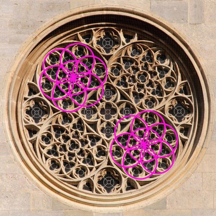 Detail of the rose window of Saint Stephen’s cathedral in Vienna, Austria, showing the “Seed of Life” as a template for some of its tracery.  The rosette often hides beneath more complicated geometric patterns.