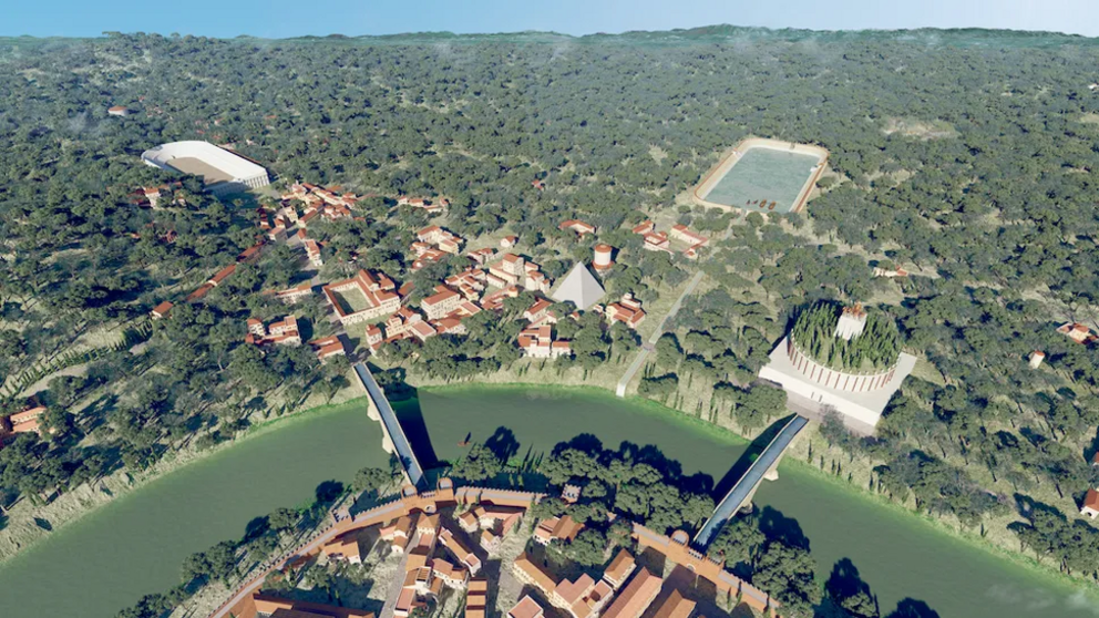 A view of the Tiber River running through the reconstruction of ancient Rome.