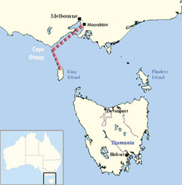 Valentich’s intended route from Moorabbin to King Island over Bass Strait.