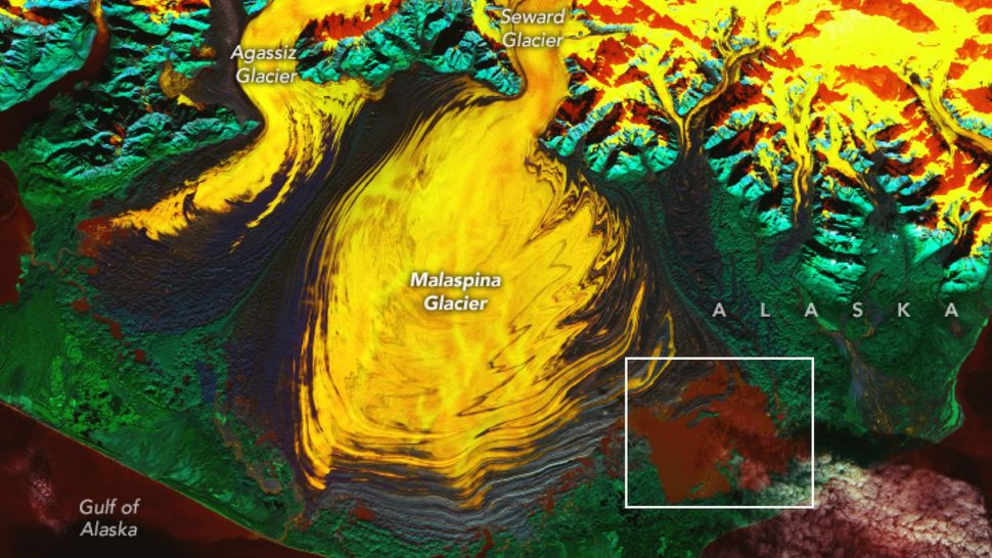 The image also shows the Seward and Agassiz glaciers, as well as a recently discovered lagoon (boxed).
