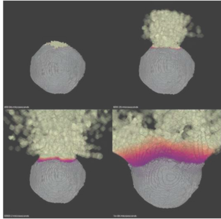 A modeling tool developed by scientists at Lawrence Livermore National Laboratory shows the progression an asteroid being broken up by a theoretical nuclear device detonated near the the surface of the near-Earth object. Credit: Mary T. Burkey