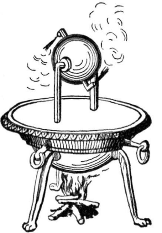 An illustration of Hero's aeolipile. One of the earliest models of a steam engine.