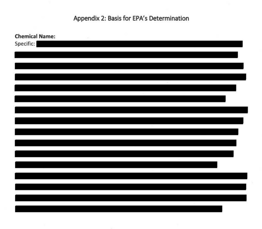 A redacted section of an EPA consent order covering plastic-derived fuels. The agency withheld basic information on the grounds that it is confidential business information.