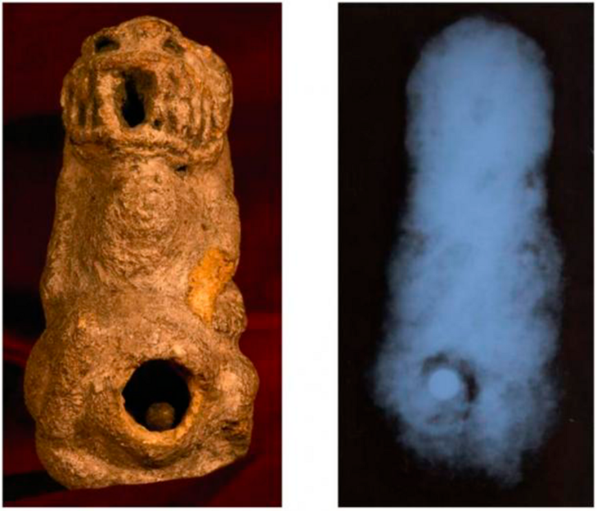 Left: Nomoli figure with opening containing metal ball. Right: X-ray of statue before it was opened, showing metal ball inside.