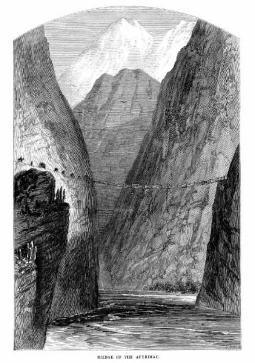 The longest of the Inca rope bridges, measuring 148 feet (45 m), hung across the Apurimac River near modern-day Curahuasi. This drawing by American archaeologist E. George Squier was included in an 1877 book on Peru.