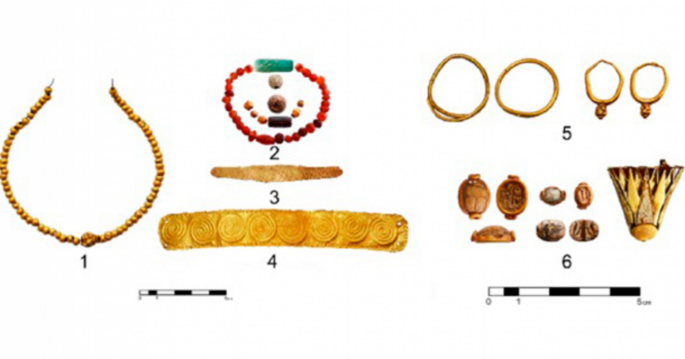 A selection of gold and stone jewelry excavated at Hala Sultan Tekke in Crete.