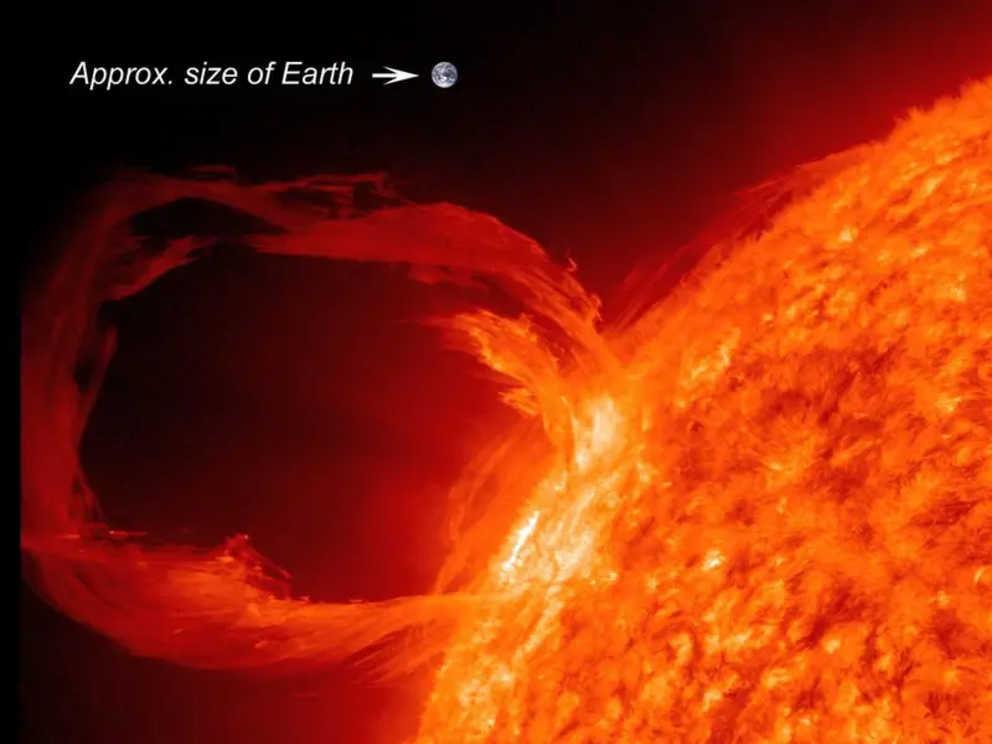 An example of a solar eruptive prominence with a picture of Earth superimposed for a sense of scale. 