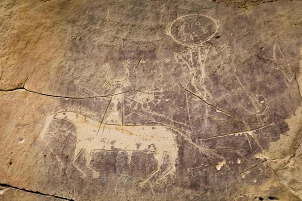 These petroglyphs in Sweetwater County, Wyoming, depicting a horse and rider, probably date to the early 17th century. The site is connected with the ancestral Comanche and Shoshone people.