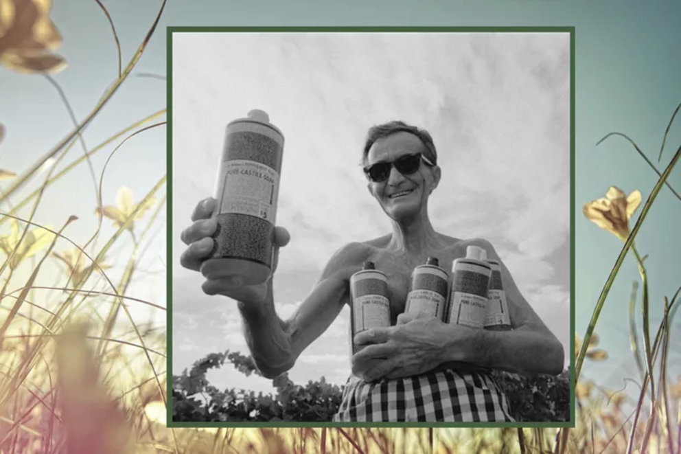 Dr. Bronner shows off his famously epic labels. 