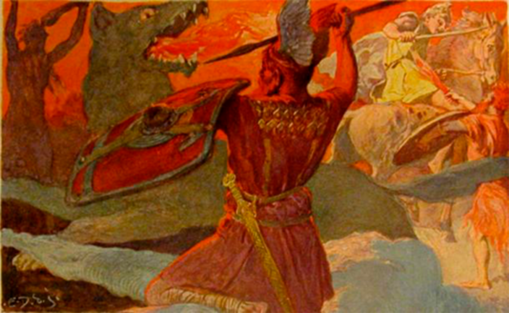 A scene from Ragnarök, the final battle between Odin and Fenrir and Freyr and Surtr (right in the image).