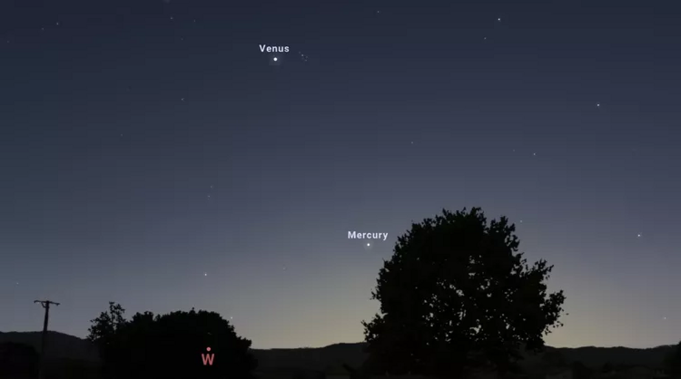 Mercury low on the western horizon on April 11th. This simulated image shows the night sky at approximately 8:30 p.m. EST.