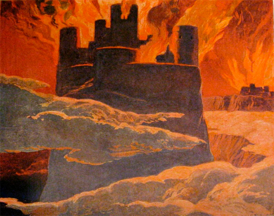 Surtr’s wrath of fire by the artist Emil Doepler interpreted it in an illustration in the book Walhall, die Götterwelt der Germanen. Martin Oldenburg. Published in Berlin, 1905.