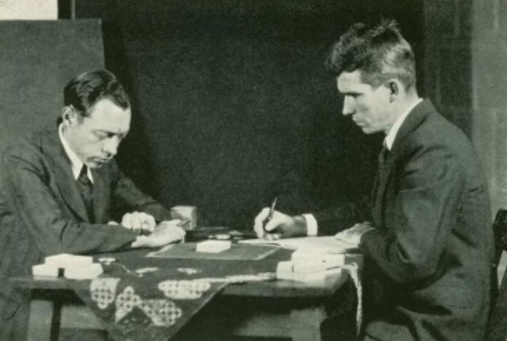 Hubert Pearce with the parapsychologist J. B. Rhine experimenting with Zener cards. (1934) Public Domain