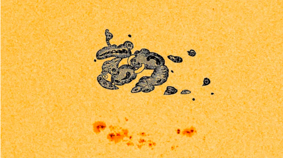 Richard Carrington's sketch of a 'monster' sunspot in 1859 imposed onto a real image of the sun taken by NASA's Solar Dynamic Observatory (Image credit: Richard Carrington/ NASA Solar Dynamics Observatory/ SpaceWeather.com)