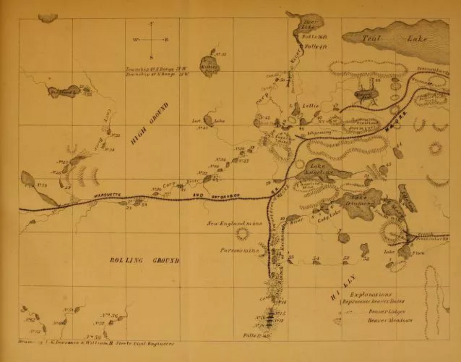 This map shows beaver dams near Ishpeming, Michigan, in 1868.