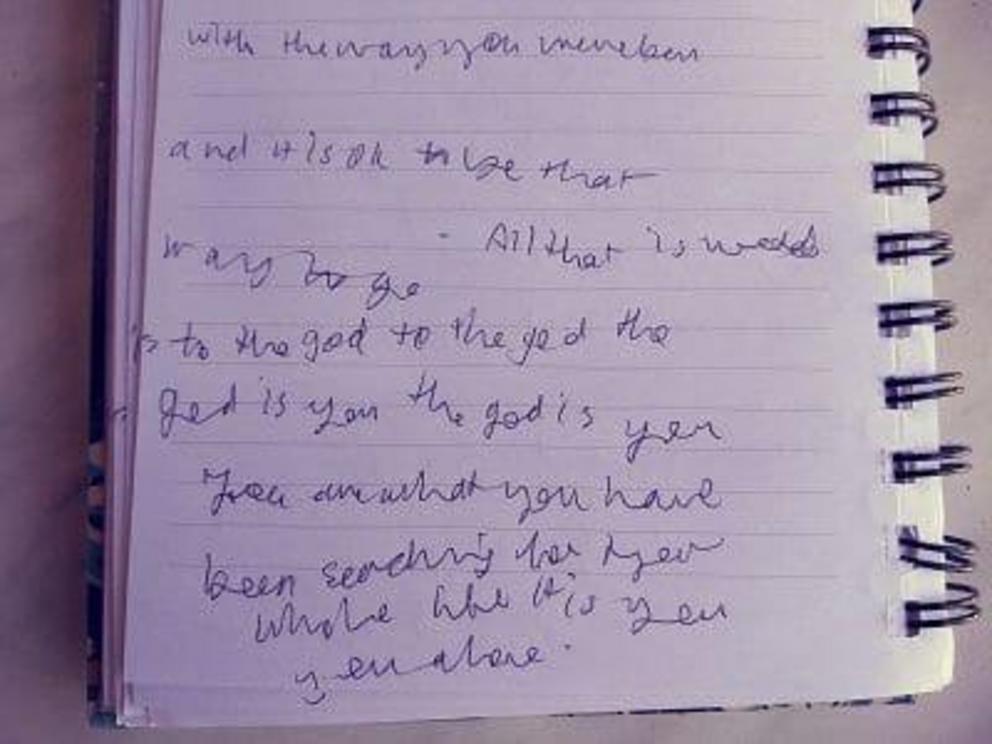 Example of automatic writing in my own notebook. The clear metaphysical message written here is (although my handwriting is messy because I wasn’t looking!): “God is you, you are what you have been searching for your whole life. It is you, you alone.” I i