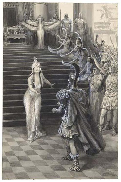 A drawing of Cleopatra greeting Antony in Shakespeare's Antony and Cleopatra