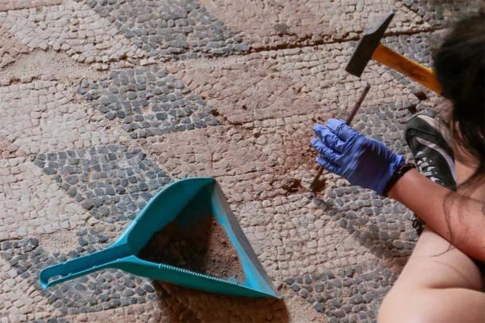  Excavations of mosaics discovered in the House of the Amphitheater (Casa del Anfiteatro) in Mérida, Spain, where the Roman baths have been unearthed.