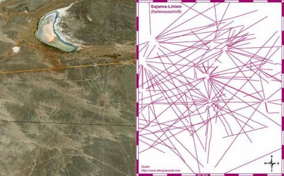 Left: Some of the Sajama Lines as seen from the air.  Right: Diagram of the Sajama Lines by the University of Pennsylvania.