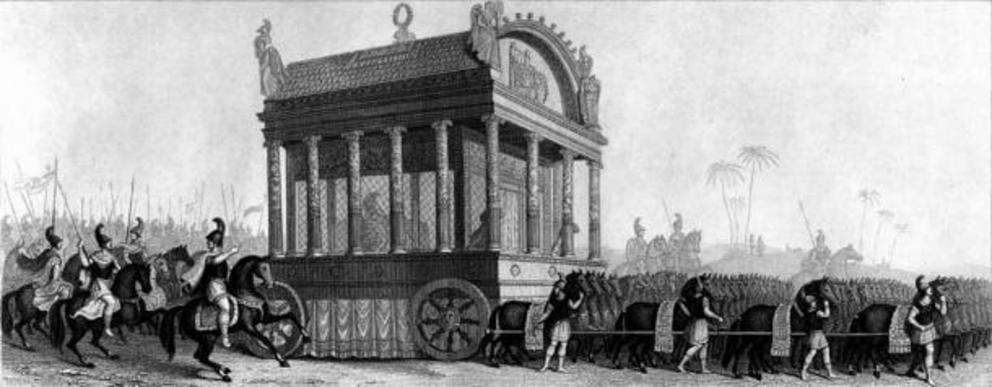 Alexander's carriage, according to Diodorus Siculus, 19th-century representation