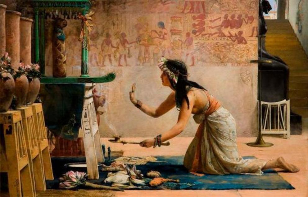 A priestess offers gifts of food and milk to the spirit of a cat. “The Obsequies of an Egyptian Cat” by John Reinhard Weguelin.