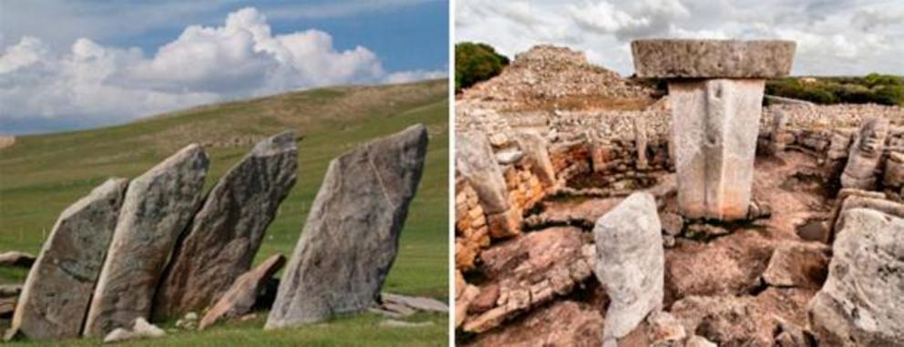 Mongolian deer stones. Right; Landscapes of Menorca in the Balearic Islands – Spain.