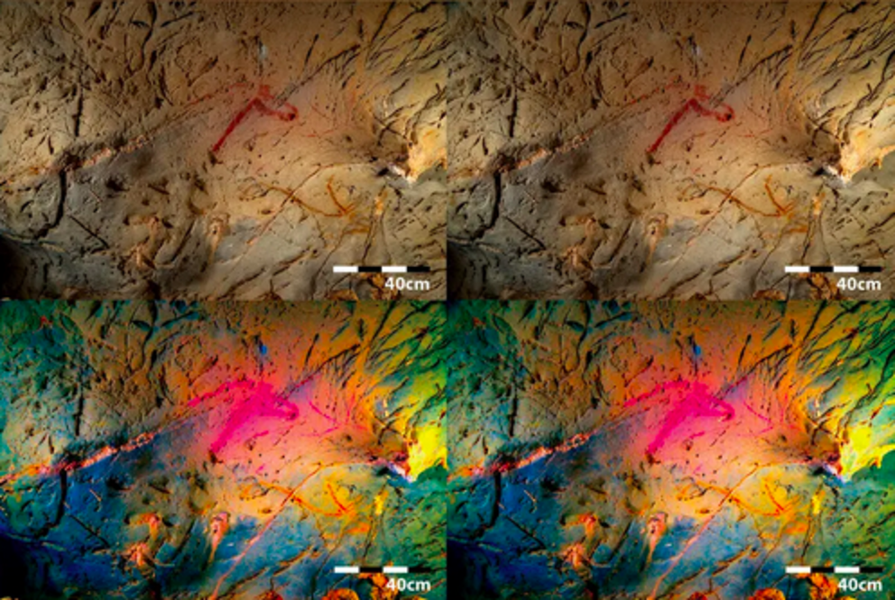 After taking the cave wall's contours into consideration, the researchers used the technique to reveal rock art depicting a horse. The bottom two images are processed with the computer software DStretch. (Image credit: Images prepared by R. Asiain & P. Sa