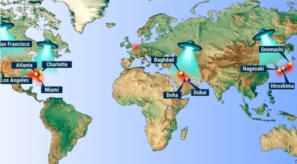 A Fox News Digital-created UFO hotspot map based on information from the Department of Defense. (Julia Bonavita/Fox News Digital based on AARO's Data)