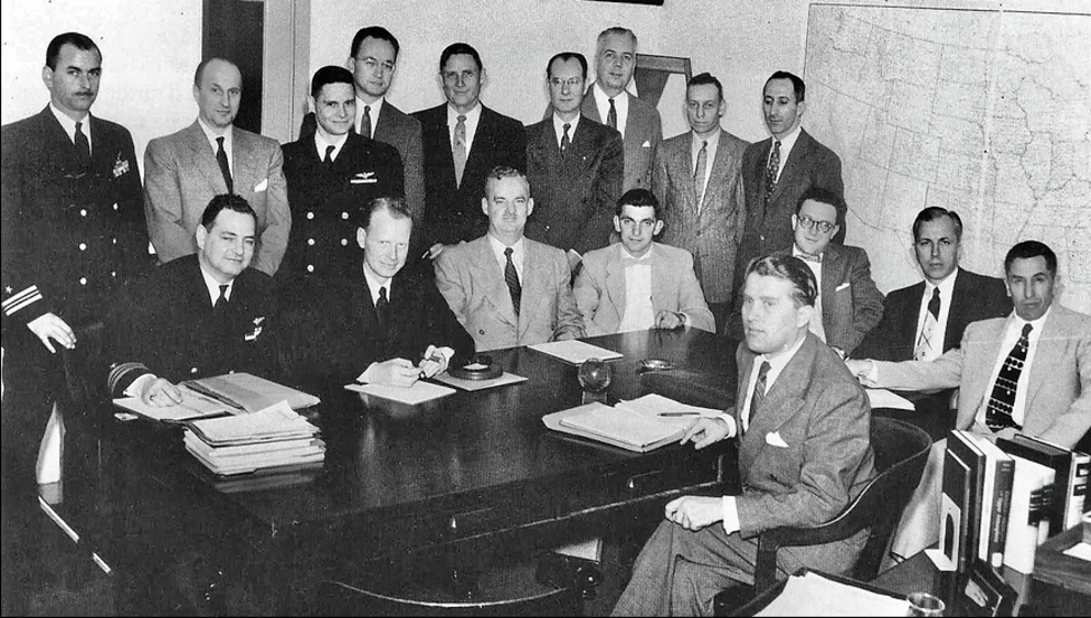 Commander George Hoover (US Navy) Seated (left) with Fred Durant (Robertson Panel on UFOs) and Wernher von Braun (seated across)