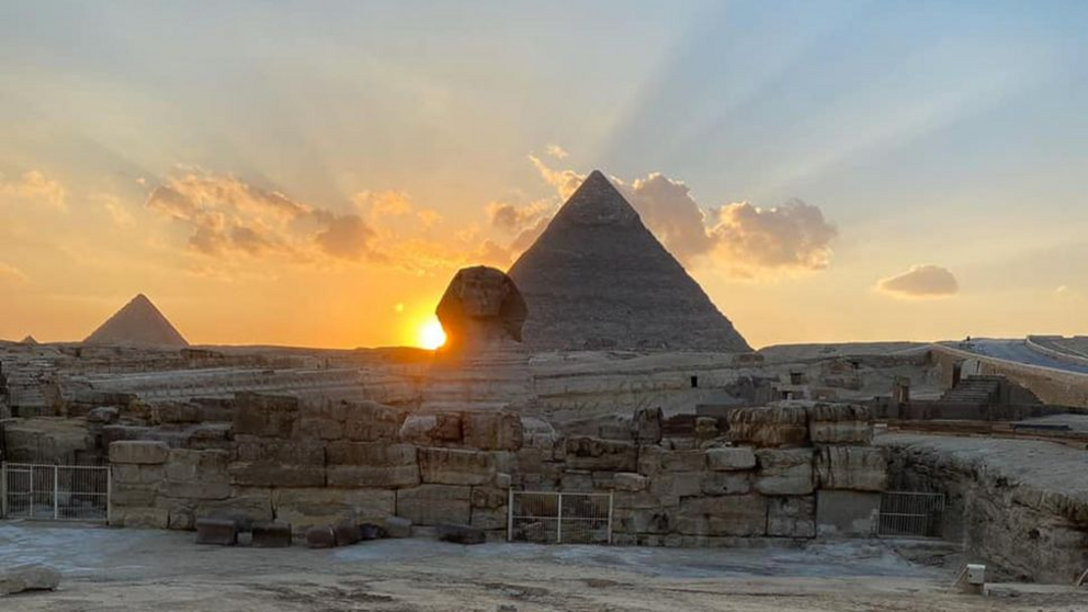 The sun set over the right shoulder of the Sphinx during the spring equinox in 2020.