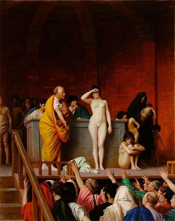 Women and child slavery evident in ancient times. Slaves in an auction in ancient Rome (1884).