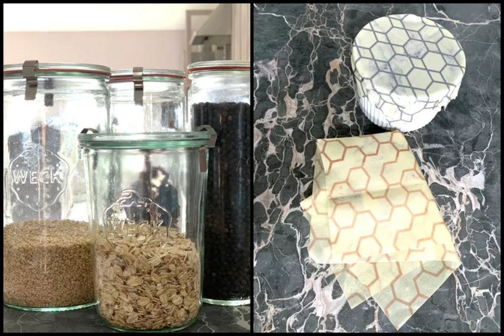 Using glass canning jars and beeswax wraps for plastic-free food storage.