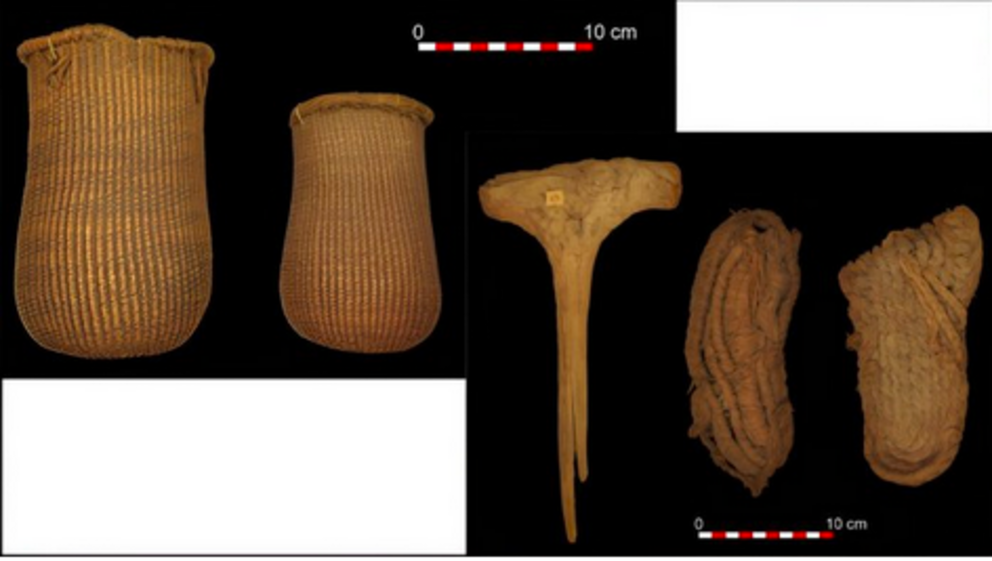 The oldest Mesolithic baskets in southern Europe, 9,500 years old (left), and wooden mace and esparto sandals, dating back to the Neolithic 6,200 years ago (right). 